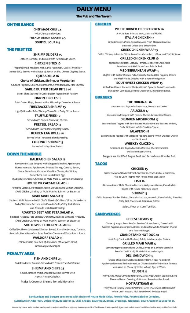 Tarvern Pub Menu Summer 2025