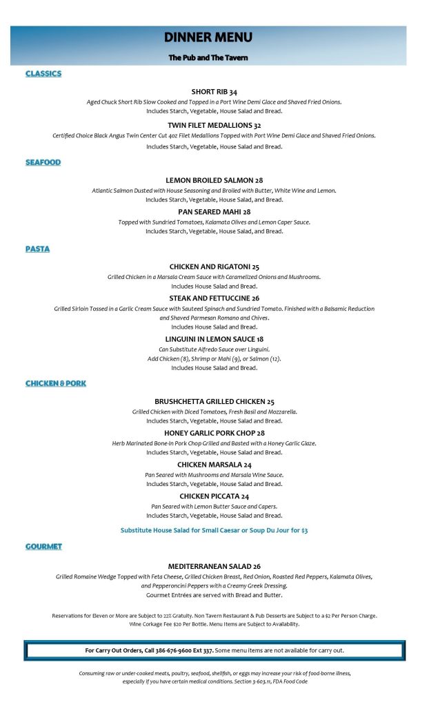 Tarvern Pub Menu Summer 2025