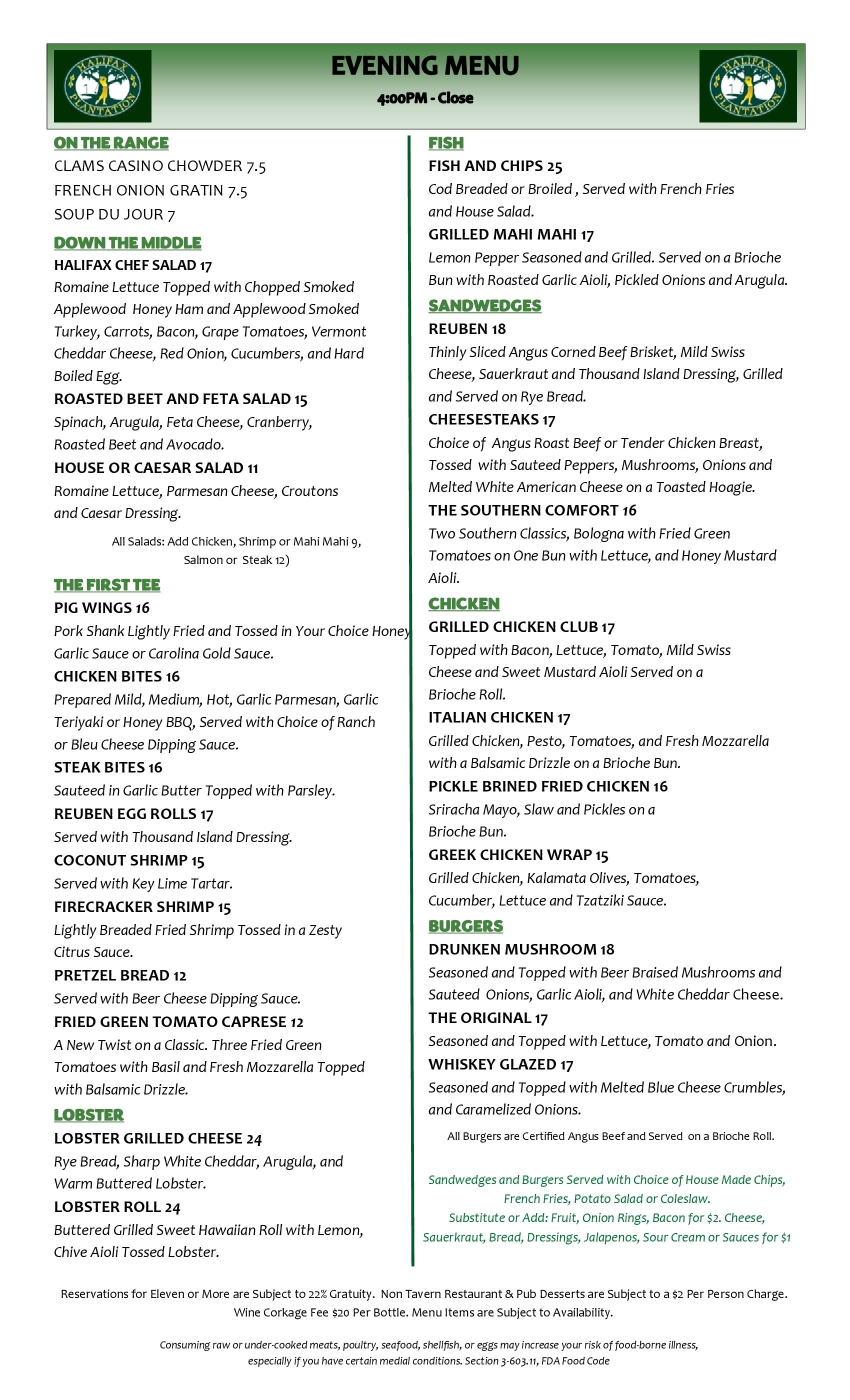 Working Dinner Menu